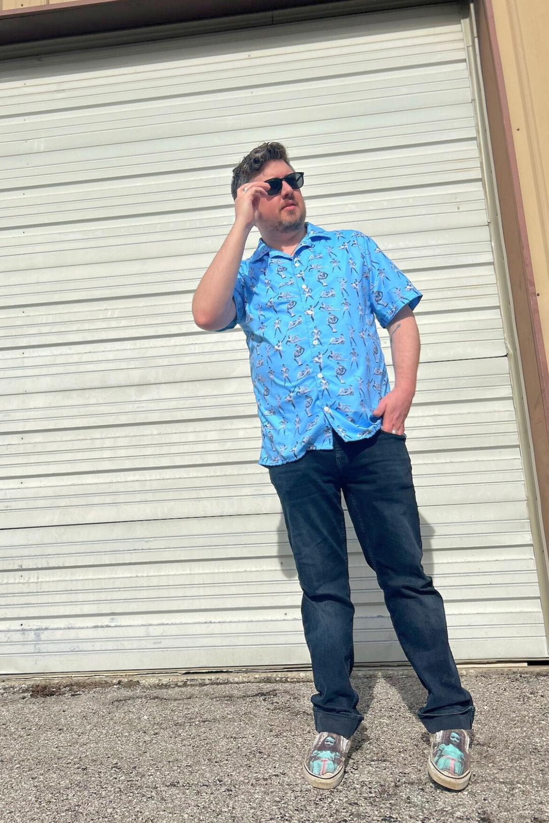 "beefcake bikini beach bingo" button shirt