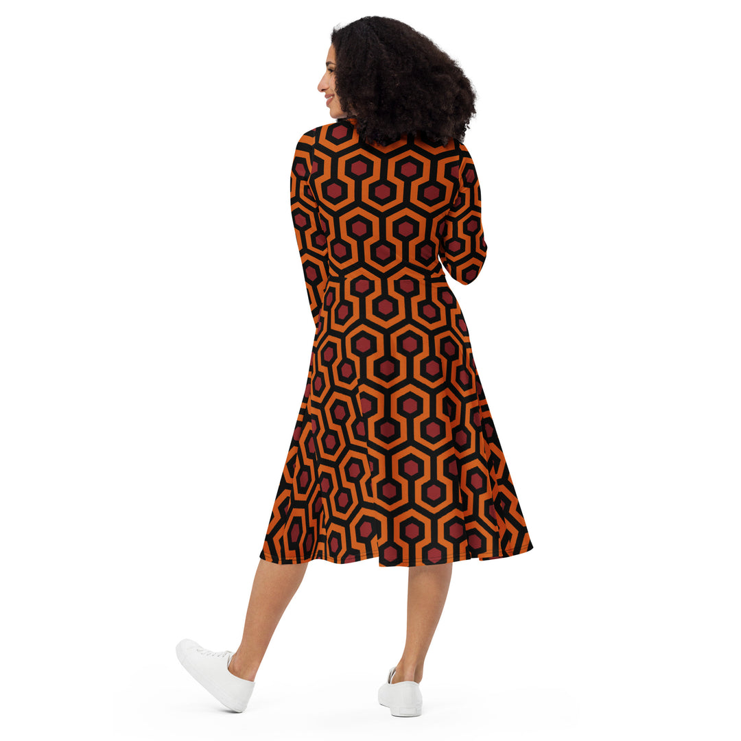 "The Red Rum" All-over print long sleeve midi dress