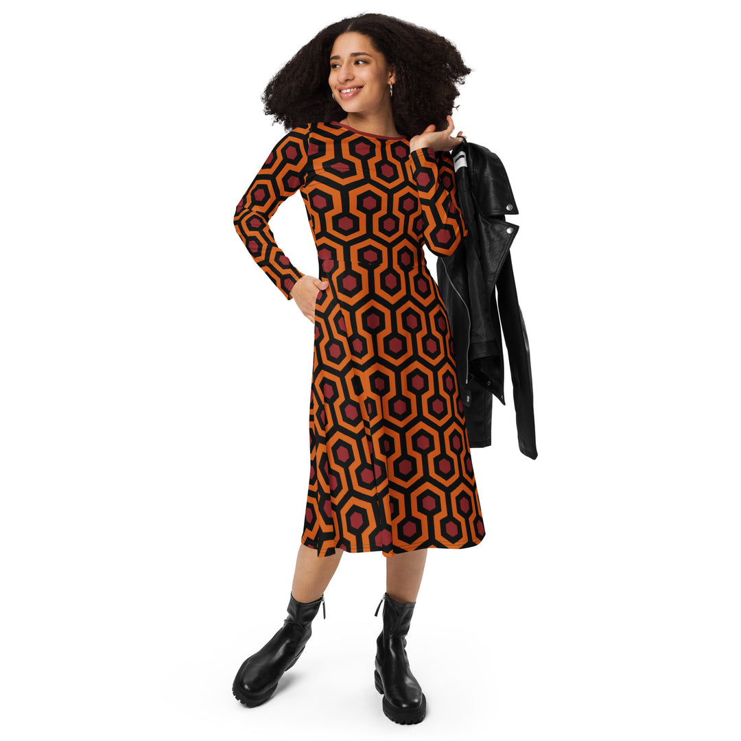 "The Red Rum" All-over print long sleeve midi dress