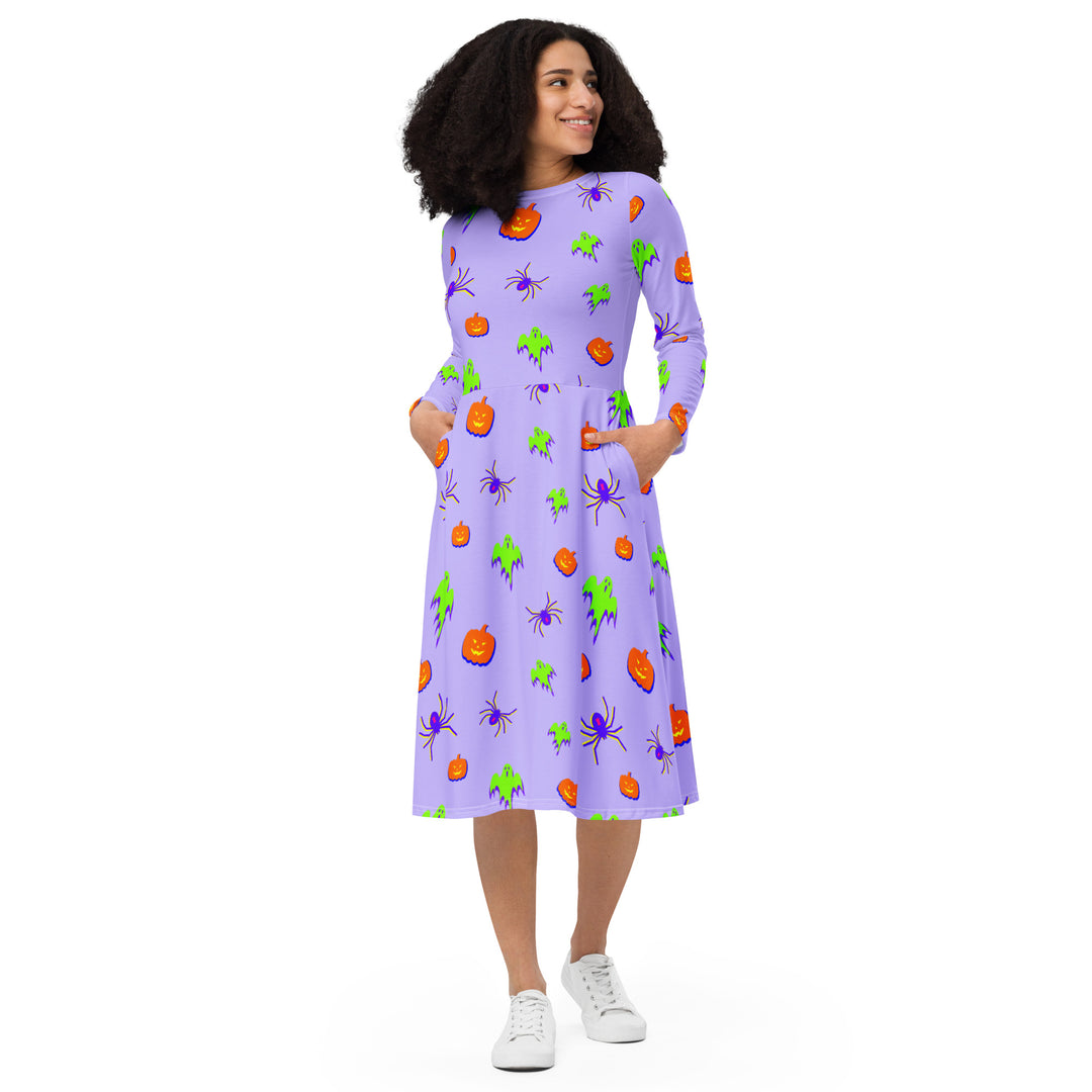 "All Tricks No Treats" All-over print long sleeve midi dress