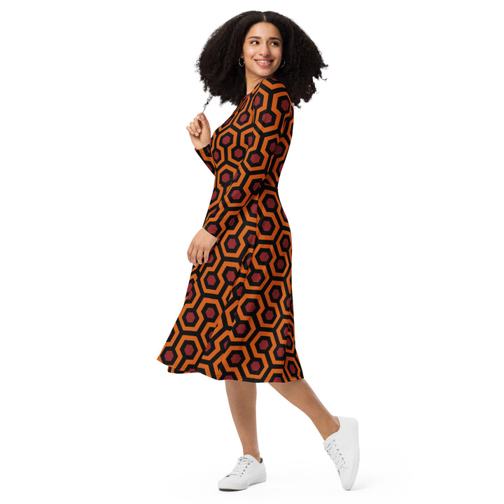 "The Red Rum" All-over print long sleeve midi dress