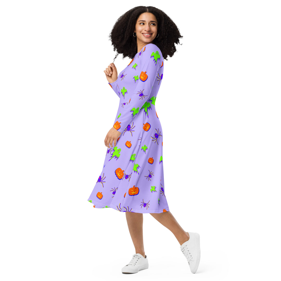 "All Tricks No Treats" All-over print long sleeve midi dress