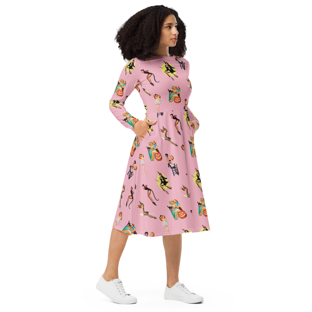 "Spooky Betties" All-over print long sleeve midi dress