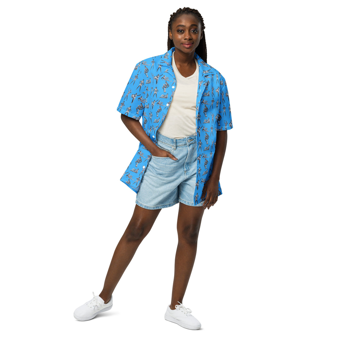 "beefcake bikini beach bingo" button shirt