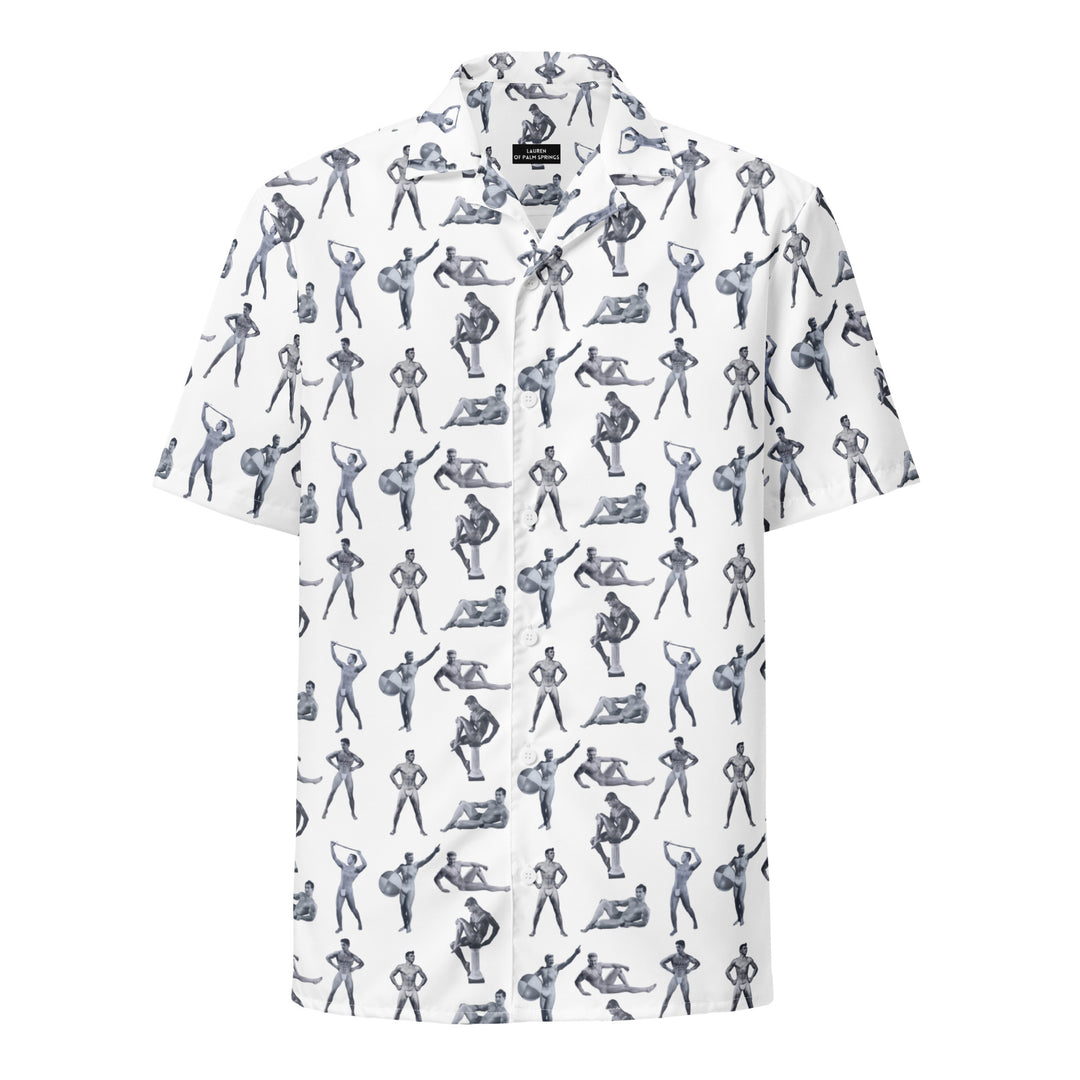 "beefcake bikini beach bingo" button shirt