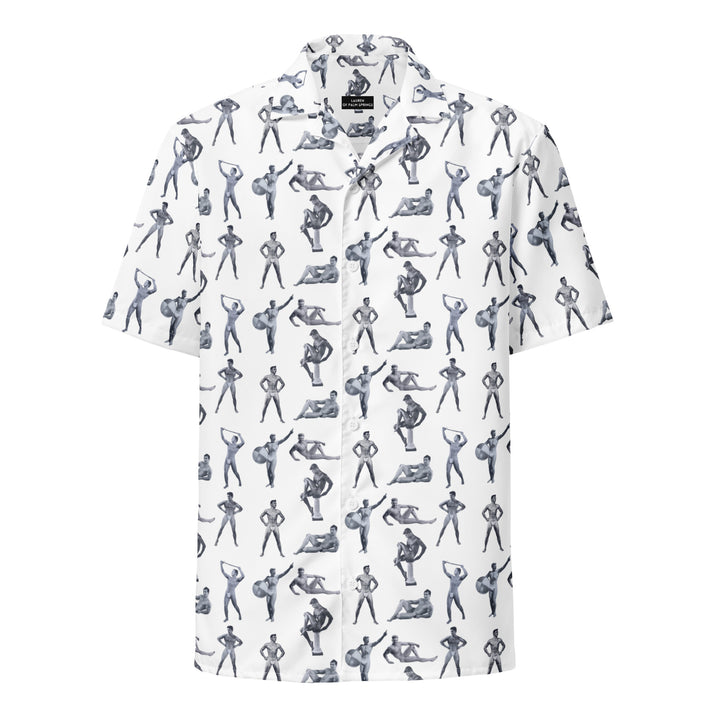 "beefcake bikini beach bingo" button shirt