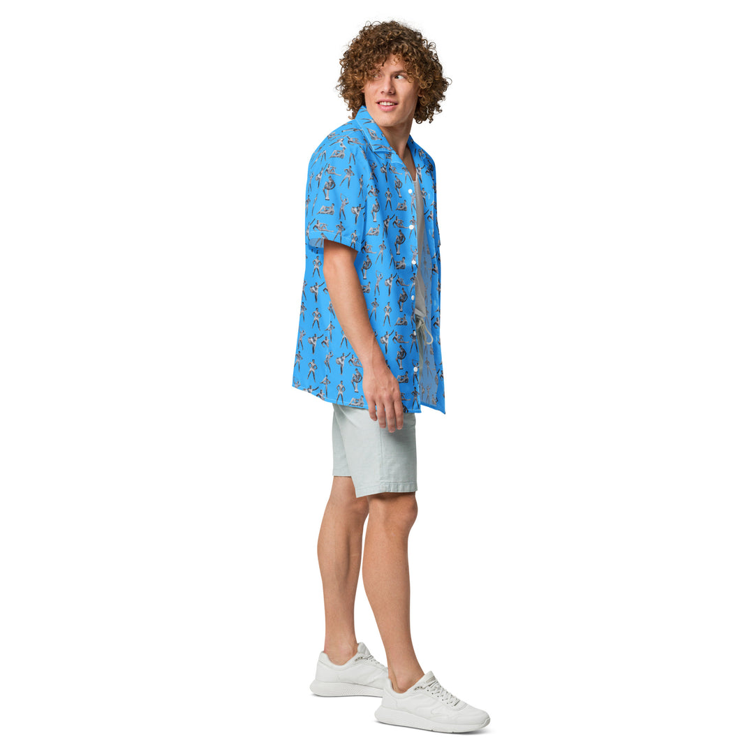 "beefcake bikini beach bingo" button shirt
