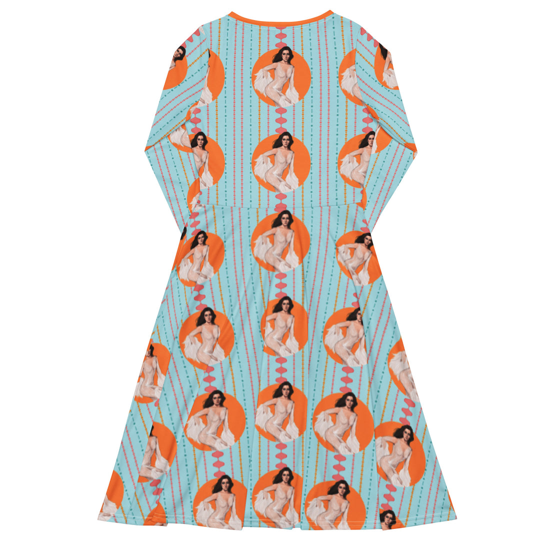 "That 70s Babe" All-over print long sleeve midi dress