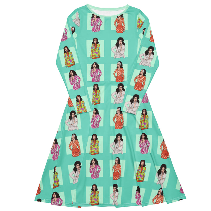 “The Flashing Girl” All-over print long sleeve midi dress