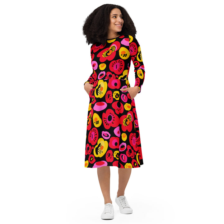 "The Poppy" All-over print long sleeve midi dress