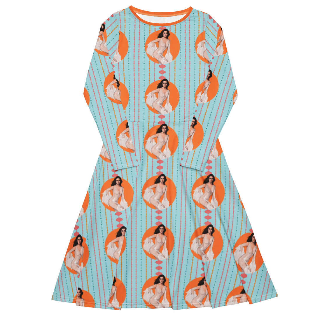 "That 70s Babe" All-over print long sleeve midi dress