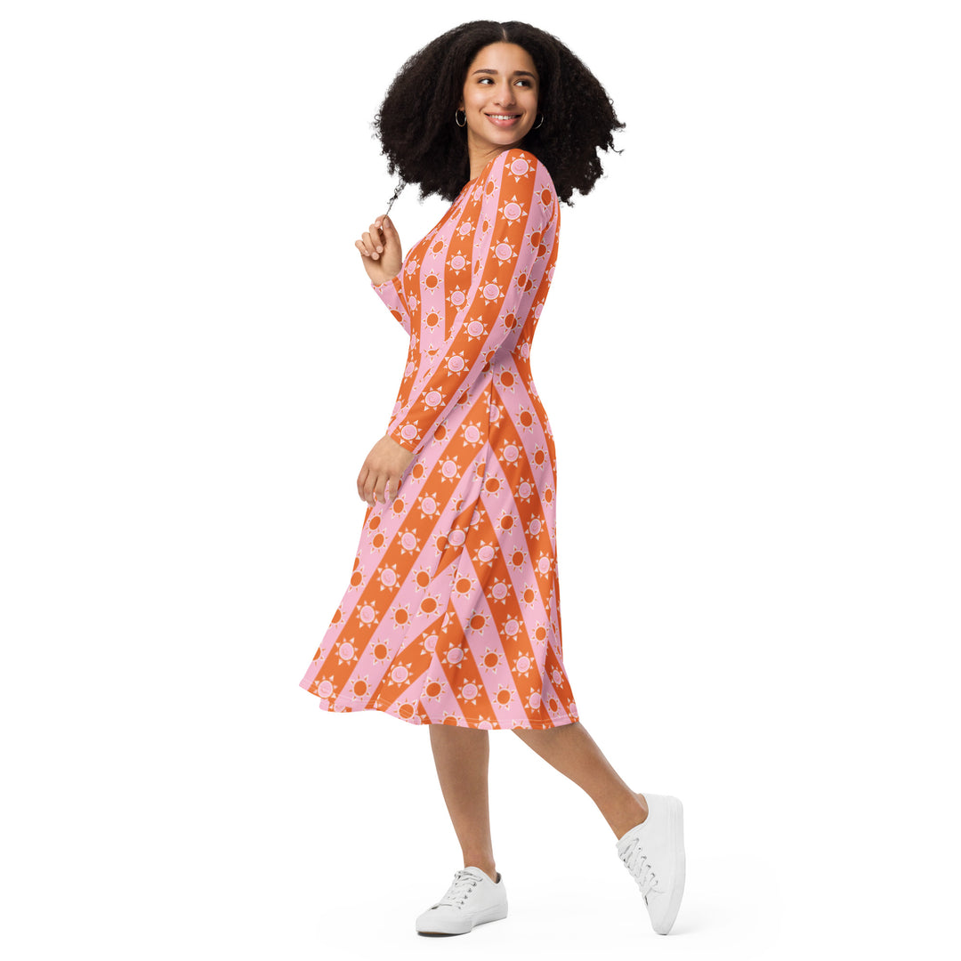 "Sunny Daze" All-over print long sleeve midi dress