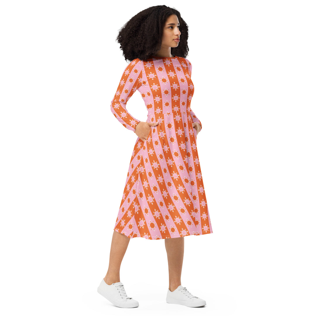 "Sunny Daze" All-over print long sleeve midi dress