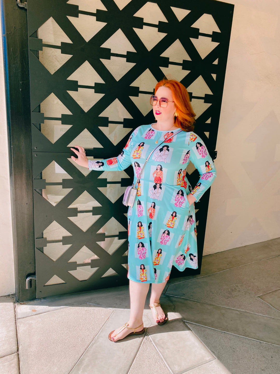 “The Flashing Girl” All-over print long sleeve midi dress