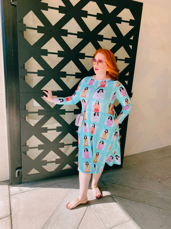 “The Flashing Girl” All-over print long sleeve midi dress