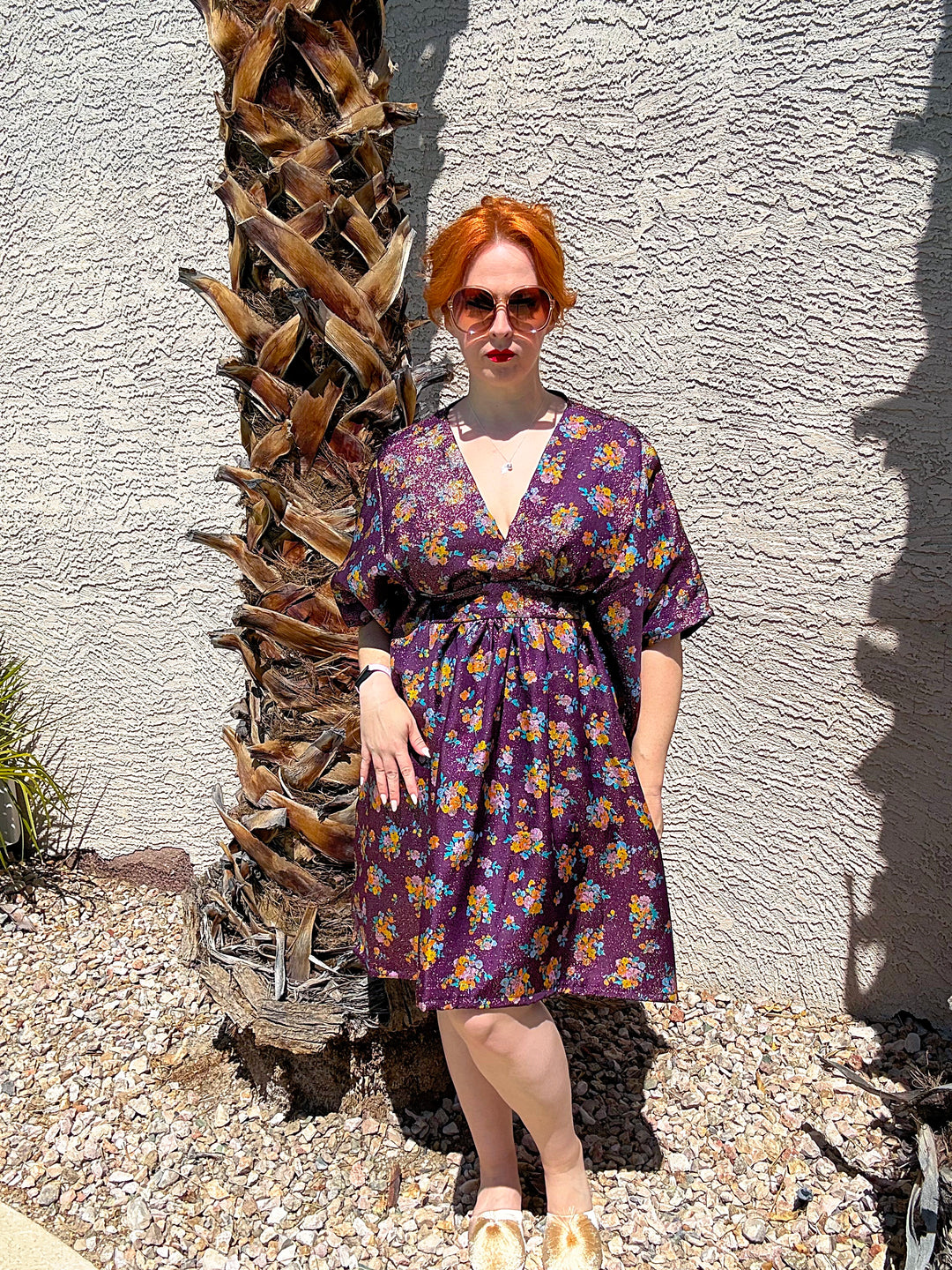 Sample Sale #7: Purple Flower Lurex S/M Deep V 37 Long