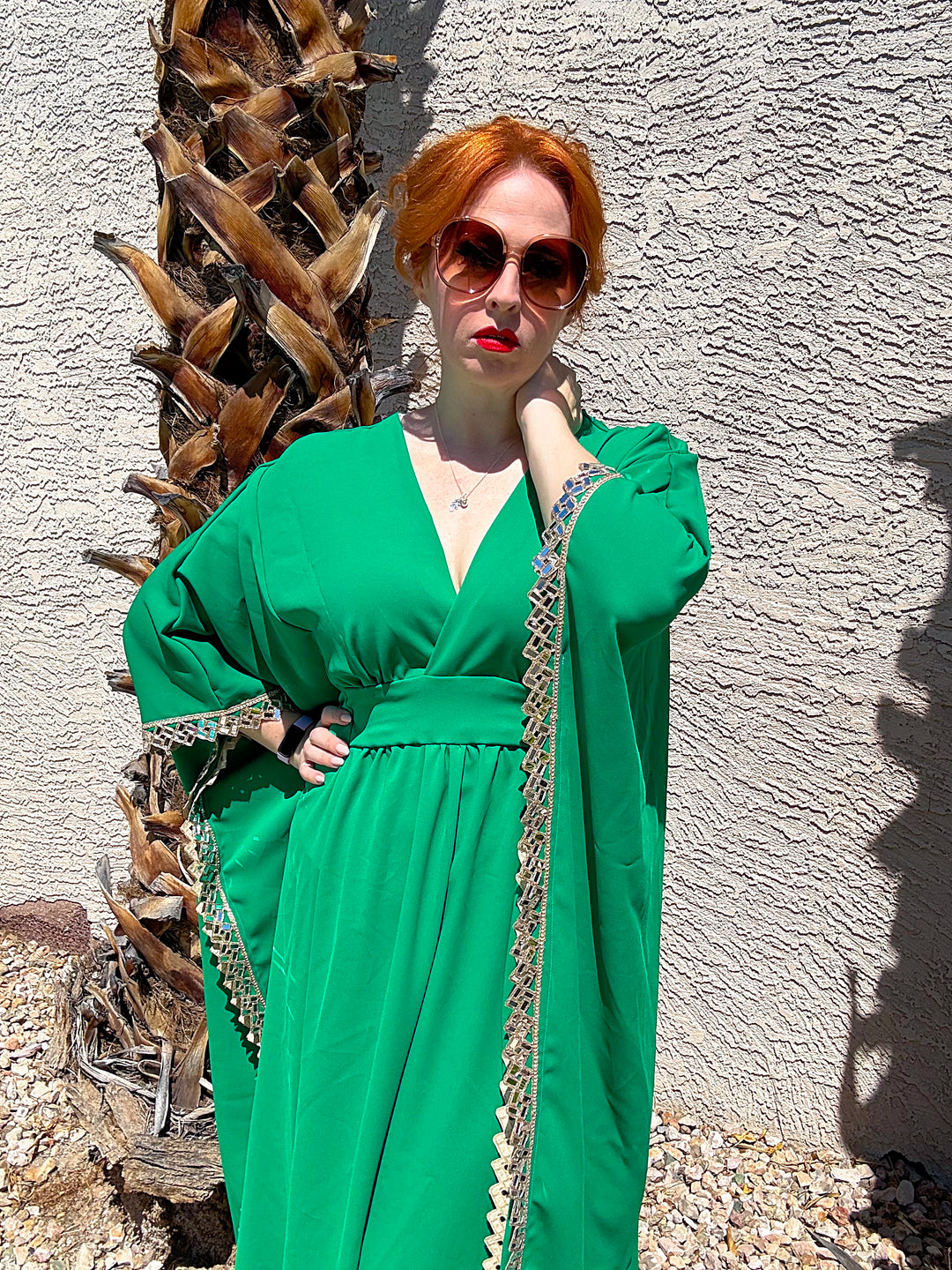 Sample Sale #20: Green Crepe with Mirror Trim L/XL Deep V