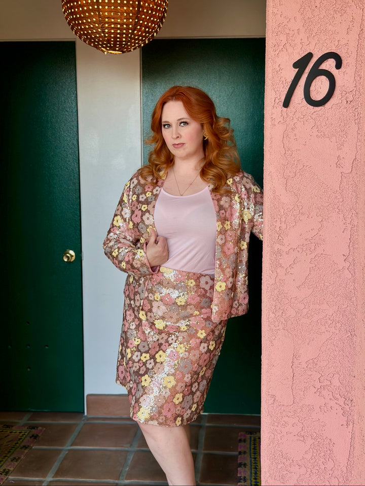 Sample Sale #33 L/XL Rose Gold Sequin Jacket & Skirt Set Lined