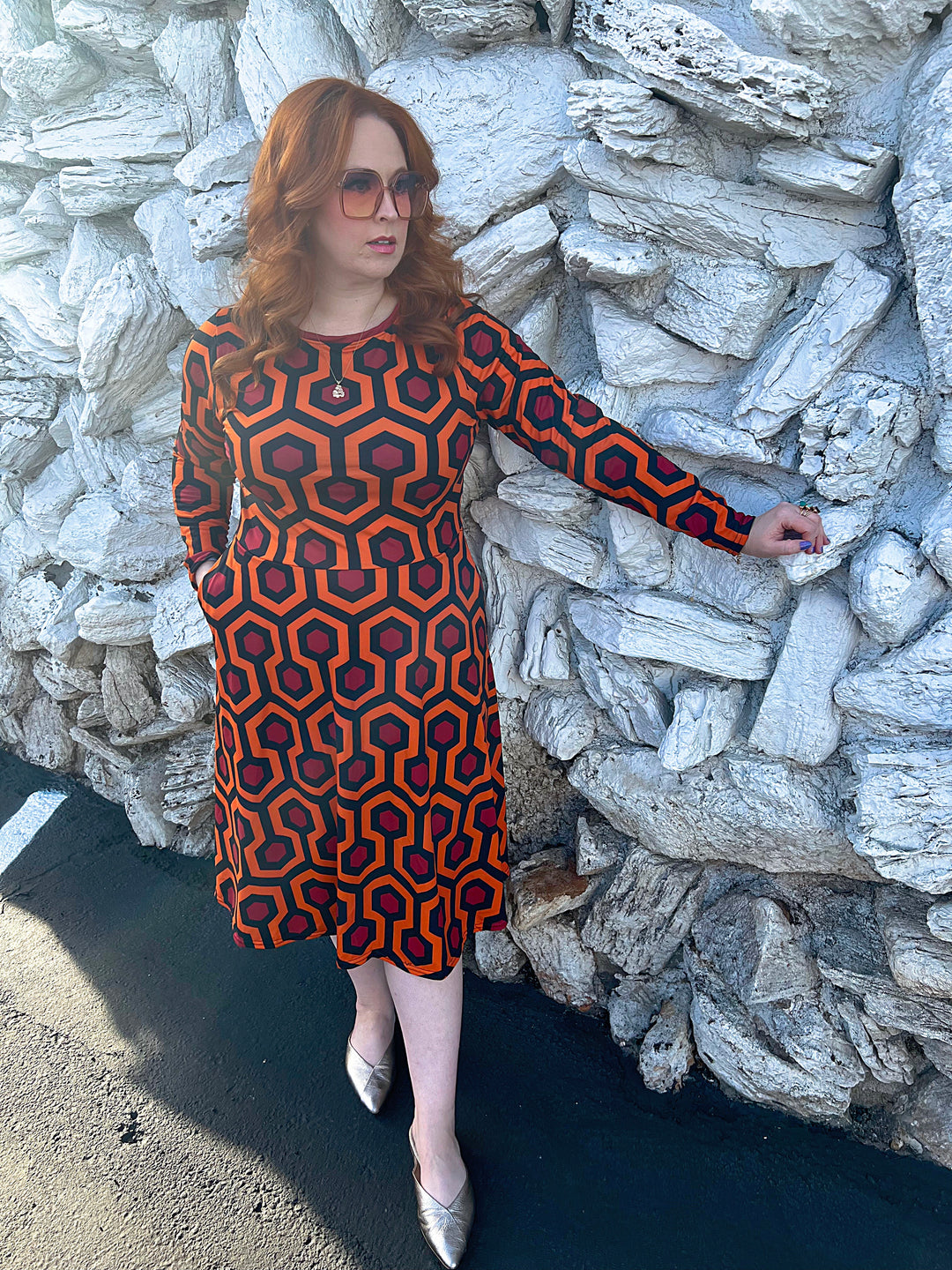 "The Red Rum" All-over print long sleeve midi dress