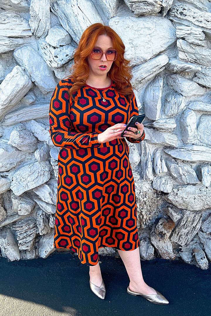 "The Red Rum" All-over print long sleeve midi dress