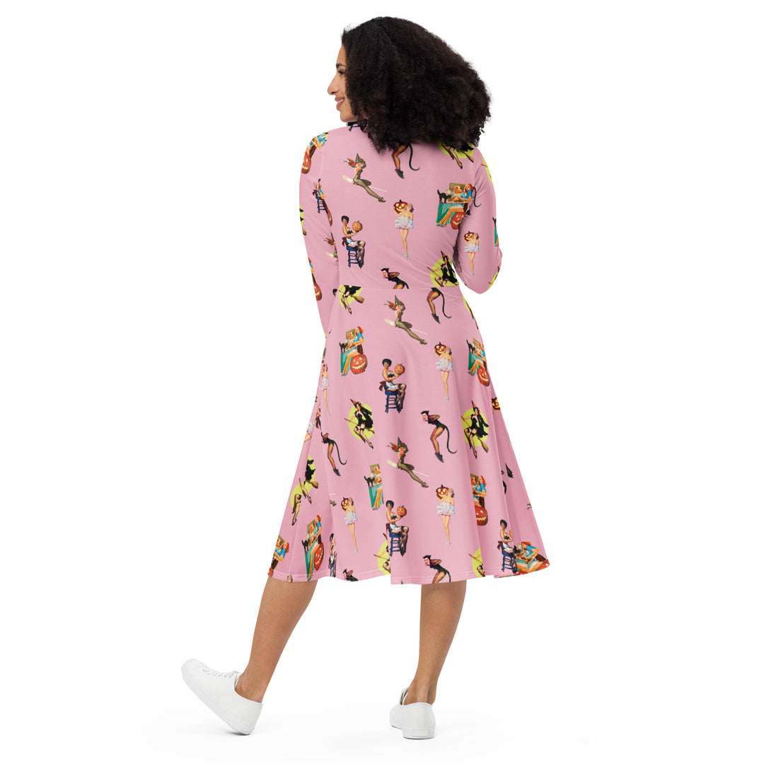 "Spooky Betties" All-over print long sleeve midi dress