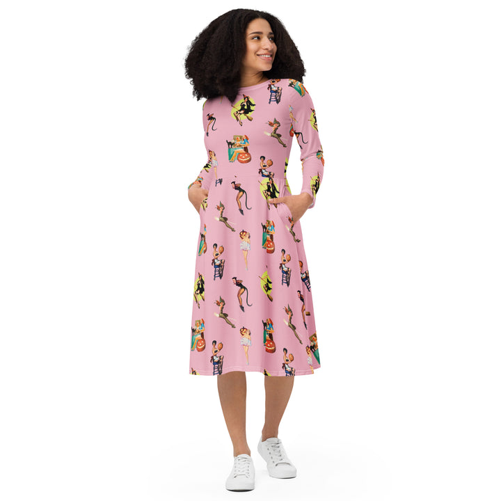 "Spooky Betties" All-over print long sleeve midi dress