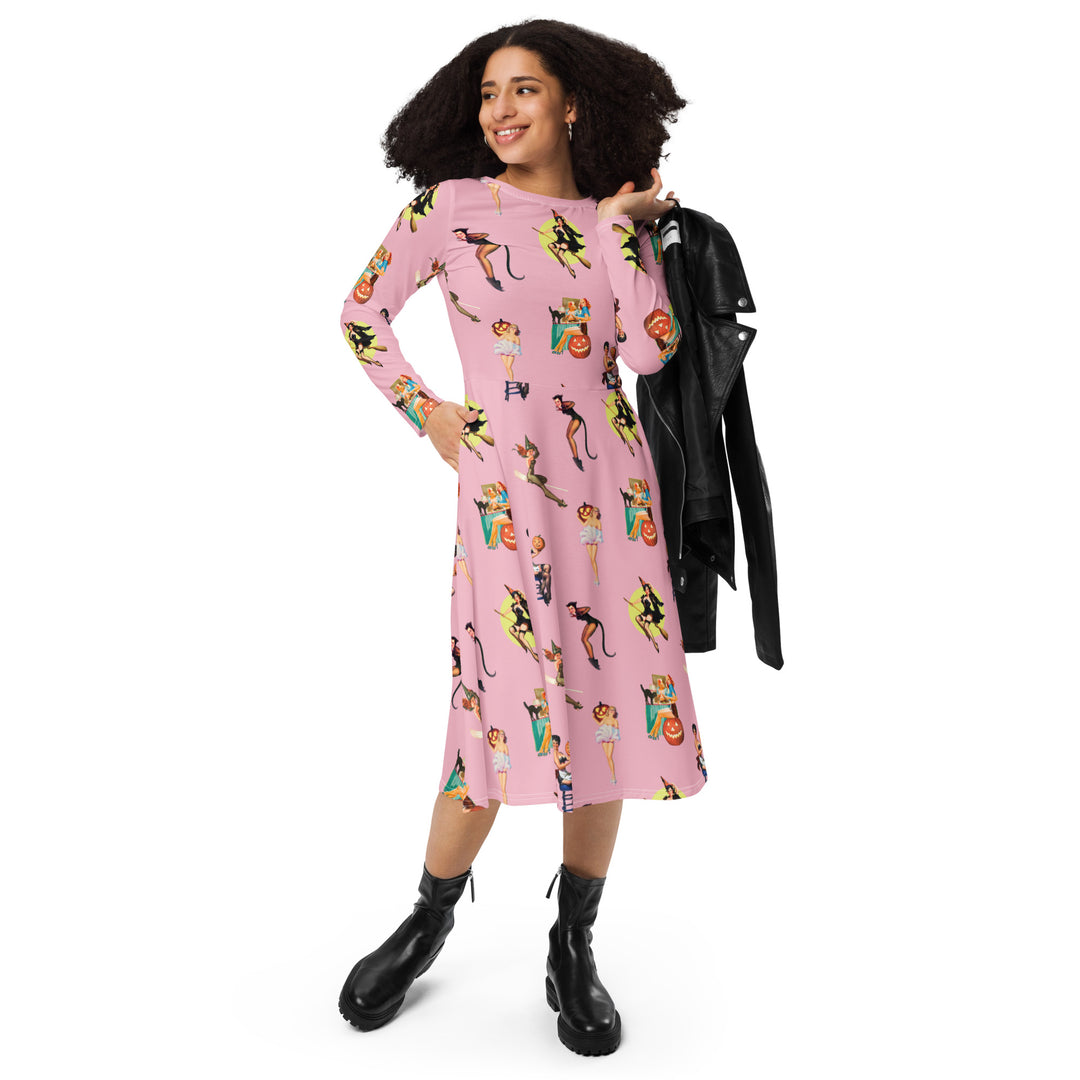 "Spooky Betties" All-over print long sleeve midi dress