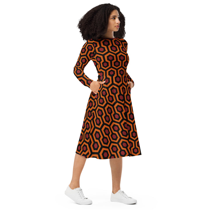 "The Red Rum" All-over print long sleeve midi dress