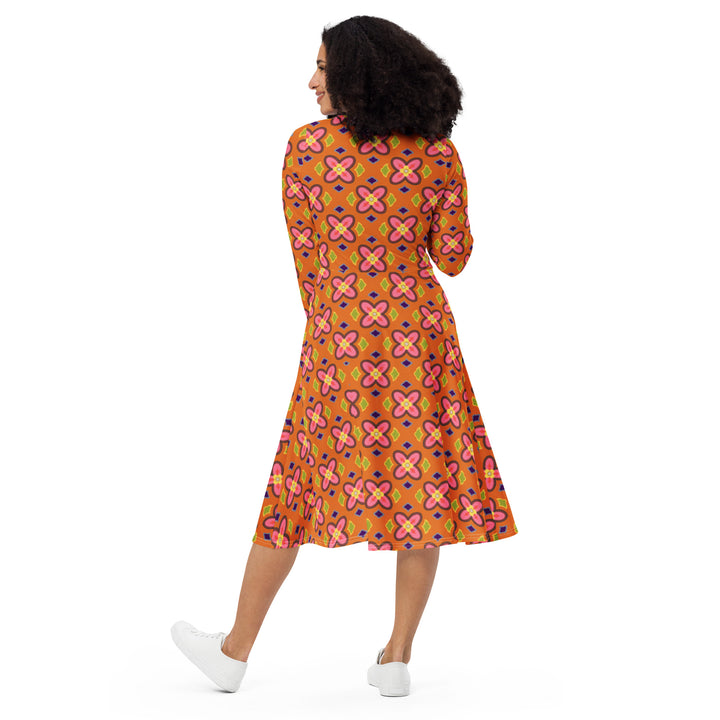 "Citrus Squeeze" All-over print long sleeve midi dress