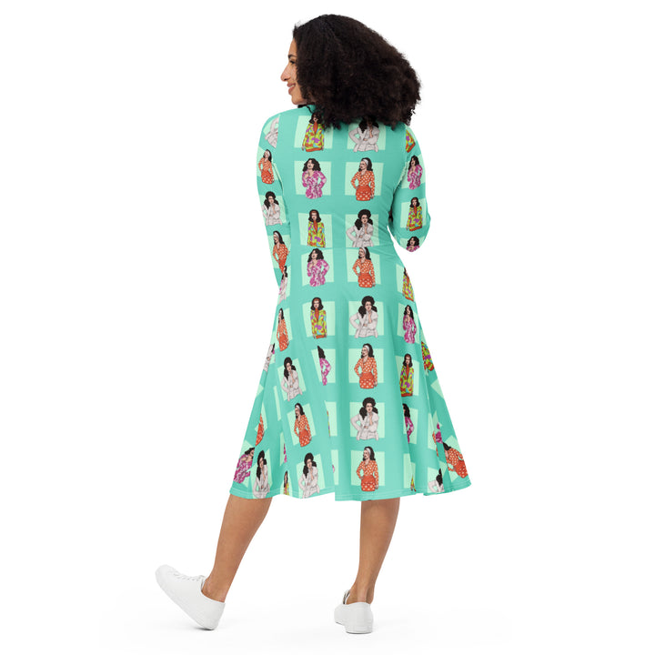 “The Flashing Girl” All-over print long sleeve midi dress