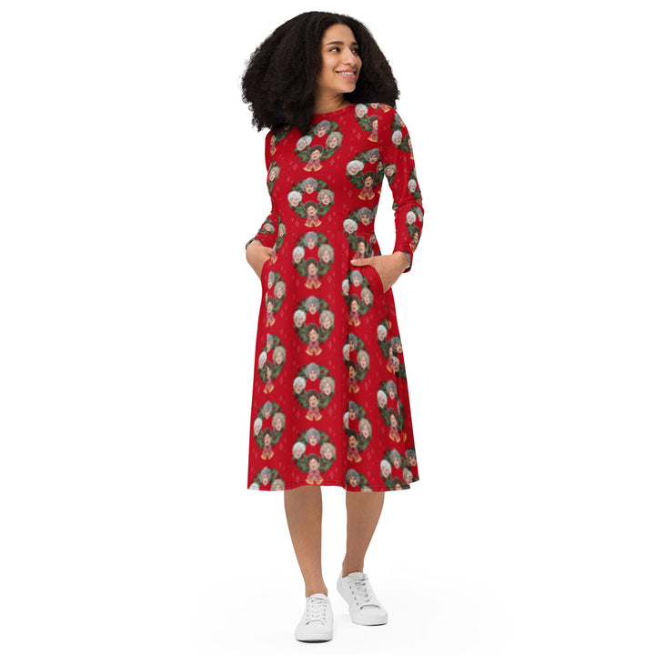 "The Merry in Miami" All-over print long sleeve midi dress