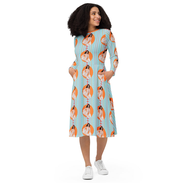 "That 70s Babe" All-over print long sleeve midi dress