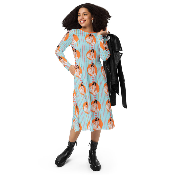 "That 70s Babe" All-over print long sleeve midi dress