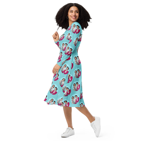 "The Happy Daze" All-over print long sleeve midi dress