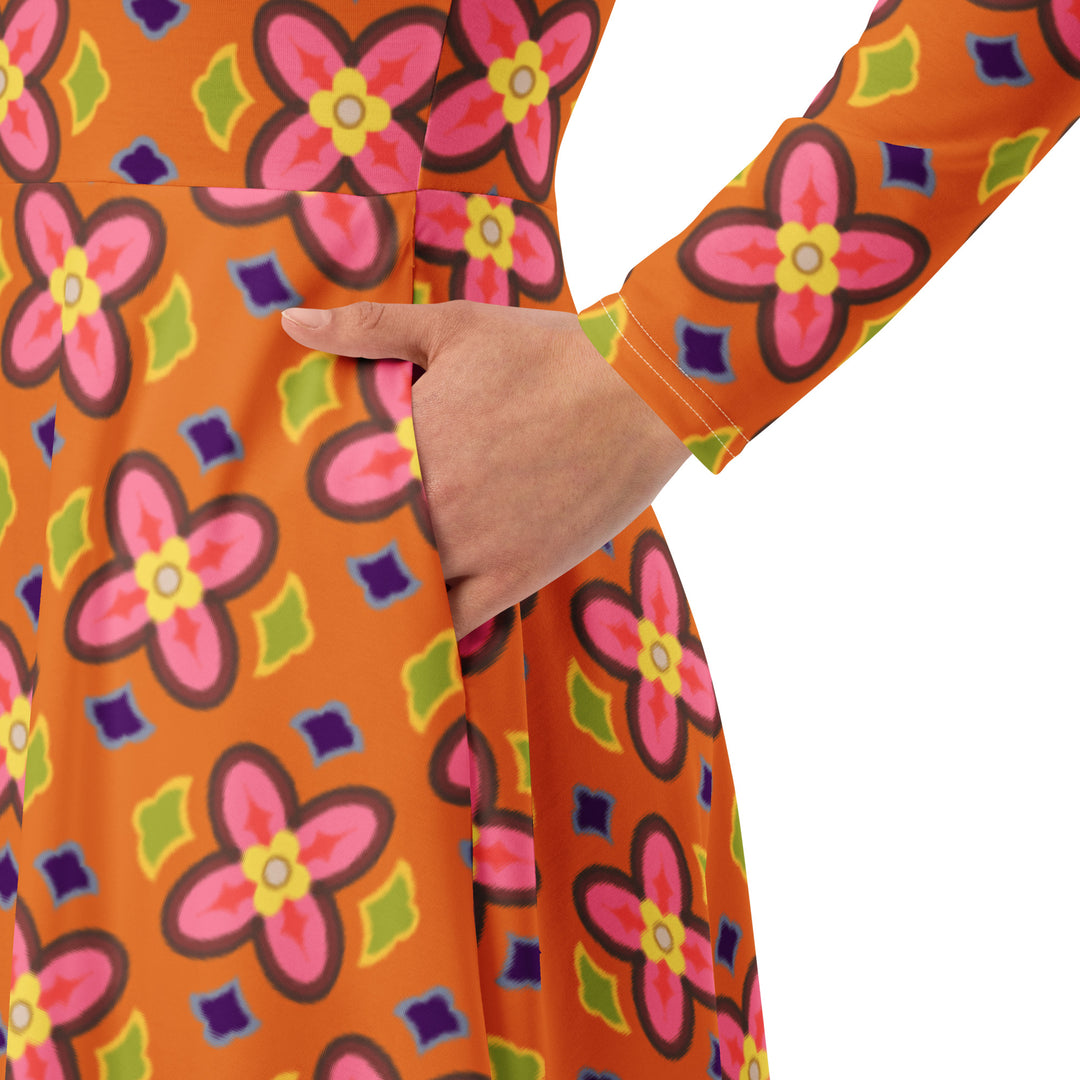 "Citrus Squeeze" All-over print long sleeve midi dress