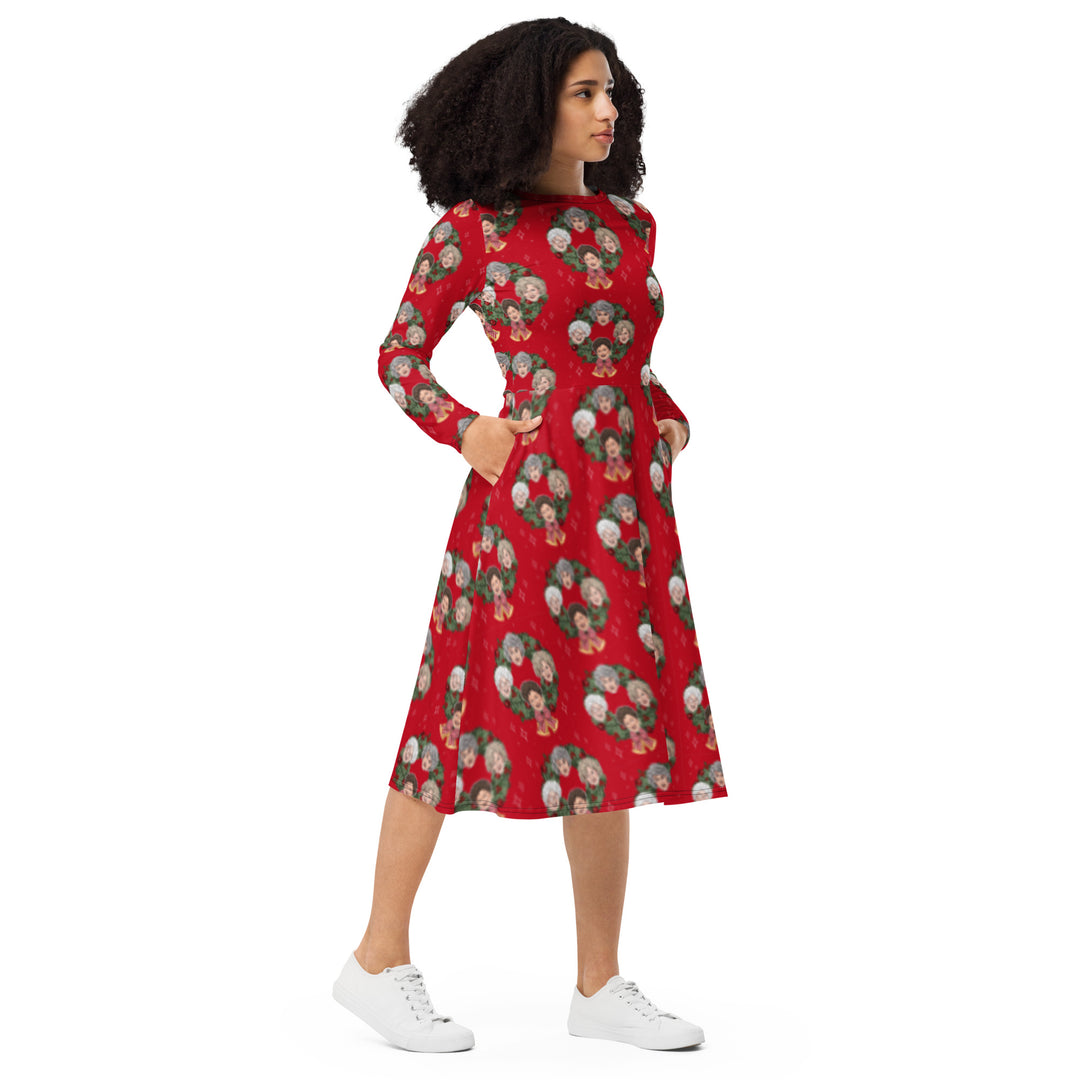 "The Merry in Miami" All-over print long sleeve midi dress